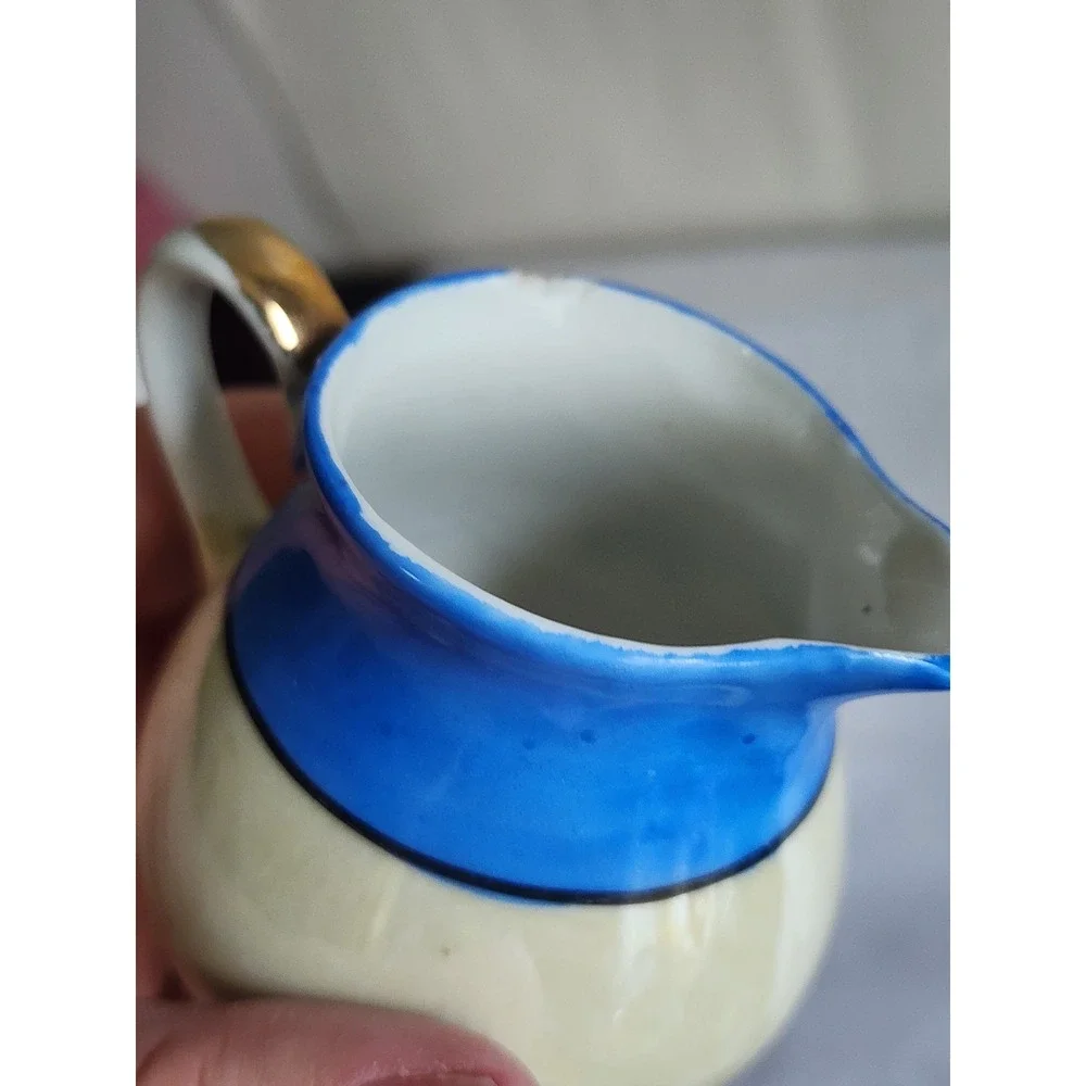 Vintage Chikaramachi Hand Painted Porcelain Creamer Sugar Set Blue Lusterware